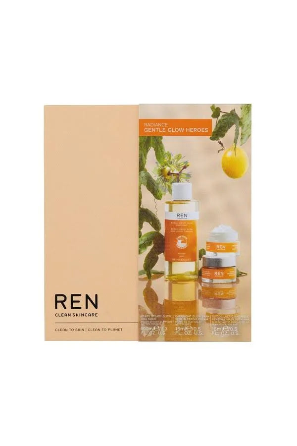 REN GENTLE GLOW HEROES Ready Steady Glow Daily AHA Tonic 100ml, Glycol Lactic Radiance Renewal Mask 15ml, Overnight Glow Dark Spot Sleeping Cream 15ml